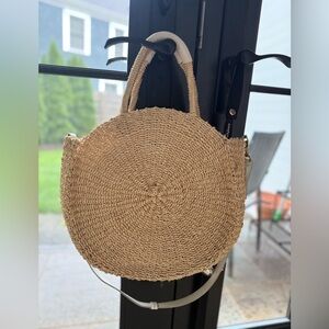 Clare V Alice Woven Sisal Straw White/Gold Accent Summer Cream Circle Tote Bag